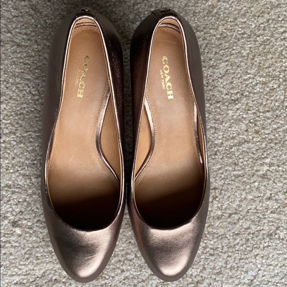 Coach pumps, bronze/gold color, genuine leather, heels are 3 in.
